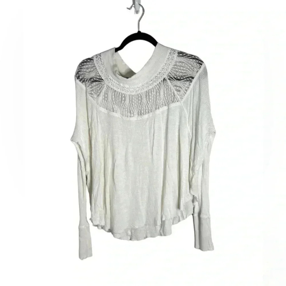 Free People Spring Valley Thermal Long Sleeve Shirt White Lace Size Medium